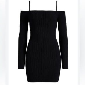Good American Black Off Shoulder Ribbed Bodycon Dress